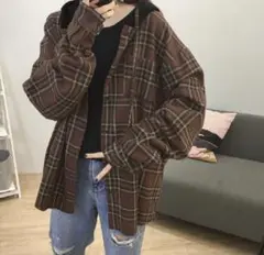 オーバーサイズシャツ　オーバーサイズ　チェック柄　フード付き　秋冬コーデ