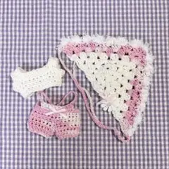 ぬい服 10cm サロペット バブーシュカ ピンク 毛糸 編み物