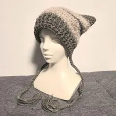 ブラウン×ベージュ ネコ耳ニット帽　猫耳　ハンドメイド　ビーニー
