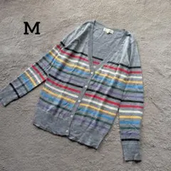 【Letter】Vネック カーディガン (M) グレー系 マルチカラー ボーダー