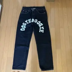 【希少デザイン】Retro Rare ブラックデニム ワイドパンツ ロゴ入り 黒のサムネイル