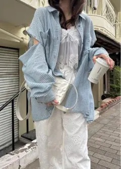 indigo gauze open shoulder oversize SHのサムネイル