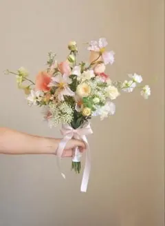 ウェディングブーケ ピーチ×ホワイト 春婚 前撮り ブライダル 造花