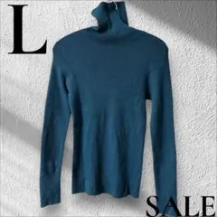 「即日発送」L ライトグリーンリブ編み タートルネック 長袖ニットセーター 青