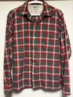 ビンテージ オープンカラーシャツ レッド グレー チェック ウール 開襟 60s