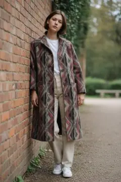 幾何学模様ウールロングコート　クリーニング済