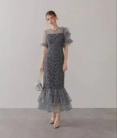 新品未使用】Leja フラワースパンコールチュールフリルスリーブ グレー