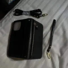 iPhone用 ブラックレザー手帳型ケース