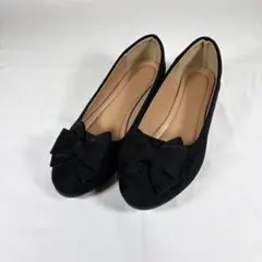 ビッグリボン フラットパンプス スエード ローヒール 黒 23.5cm