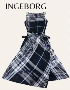 インゲボルグ　花柄　チェック　ノースリーブロングワンピース　　Aライン