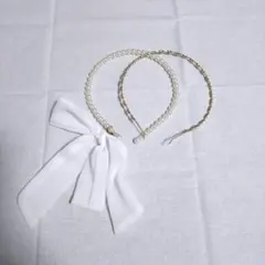 カチューシャ リボン パール