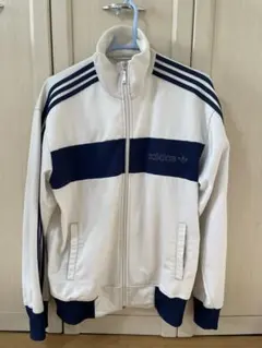 adidas トラックジャケット 白 ネイビー スリーライン 刺繍ロゴ