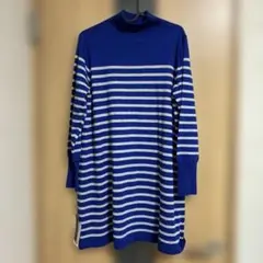 MODE:IZAKI チュニック 丈セーター 青とグレーストライプ