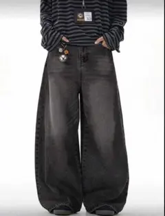 超極太 バギーデニム ブラック ワイドパンツ 古着系