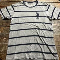 US POLO ASSN USPAポロストライプ TシャツグレーネイビーLサイズ