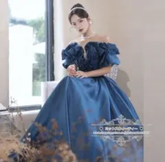 値下げしました！ダークブルーオフショルダーサテンカラードレス