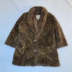 【美品】ヴィンテージ風 フェイクファーコート ブラウン 9号 上品レトロ柄