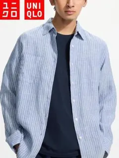 爽やかストライプ☆UNIQLOユニクロプレミアムリネンストライプシャツXLサイズのサムネイル