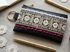 【ハンドメイド】インド刺繍リボンのフラットポーチ・バッグチャーム♪