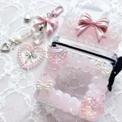 No.131ホイップデコ❤︎スケルトンケースデコ&ストラップセット　ピンク小物入れ