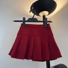 赤 プリーツスカート ゴムウエスト