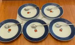 新品未使用♥ NARTO青格子 椿 陶磁器皿 スプーン 5点セット 直径23㎝