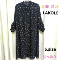 ✨美品✨LAKOLE★S★花柄☆シフォン☆バルーン袖☆ワンピース ネイビー 膝丈