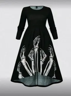 骸骨プリント ロングワンピース 黒ガイコツスカル死者ゾンビZOMBIEグール