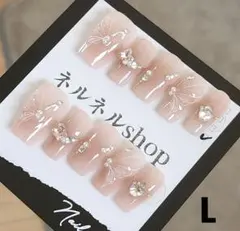 885:ピンクベージュベースにピンクチーク蝶々とストーンデザイン☆Lサイズ