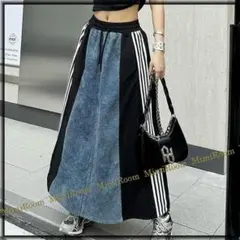 【W/72～100】トールサイズ　異素材切替＆4本ライン　マキシ丈デニムSK/黒