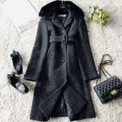 MaxMara ファー襟 ベルテッドコート ツイード ロングコート ミンクファー