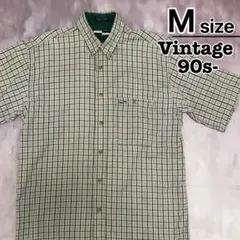 USA古着　90s-　コットンシャツ　M　半袖　グリーン　ベージュ　チェック柄