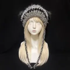 猫耳ニット帽 ハンドメイド 編み物 グレー 黒のサムネイル