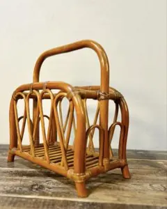 昭和中期　籐 ラタン マガジンラック 持手付き 収納 バスケット 古道具　レトロ