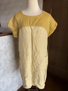 麻のチュニック　切り替え　黄色　チェック　ポケット付き