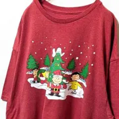 ピーナッツ スヌーピークリスマス ロゴ Tシャツ レッド 赤 XL 古着