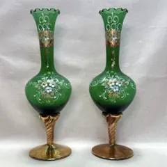 ヴェネチアングラス 花瓶 緑 金彩 フリル口 ヴィンテージ イタリア製