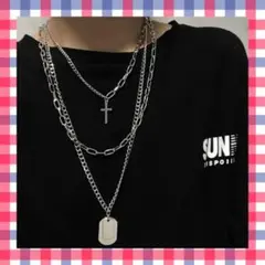 【大反響】3連ネックレス クロス プレート チェーン ユニセックス
