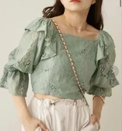 Chico 七分袖ショート丈レースブラウス グリーン検スナイデル、