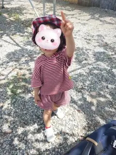 韓国子供服 ワッフル素材 セットアップ ボーダー　ニコちゃんのサムネイル