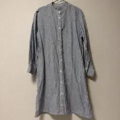 無印良品 リネン100% バンドカラーワンピース ストライプ(身長低い方用)