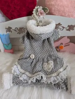 ドット柄フリース犬服 フード付き