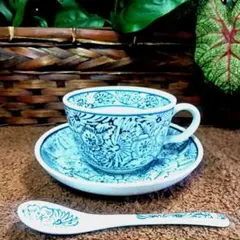未使用品　織部　古織　藍染　カップ＆ソーサ　陶器スプーン付き