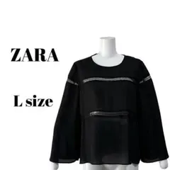 【ZARA 】レース切り替え ベルスリーブ シフォンブラウス Lサイズ ブラック