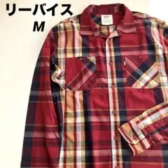 Levi's レッド系チェック 長袖シャツ　Mサイズ ロゴ付ポケット　赤　紺　黄