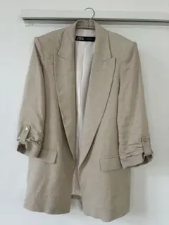 ZARA リネンブレンドロールアップスリーブオープンブレザー S 7～9号サイズ