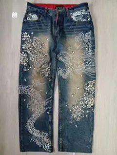 絡繰魂 龍 両面刺繍 和柄 デニムパンツ W30 濃紺 からくりたましい Y2K