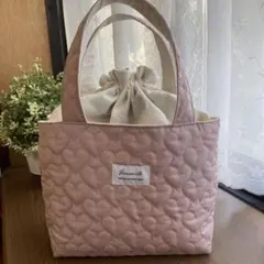 巾着　トートバッグ　ハート柄キルティング　スナップ付き