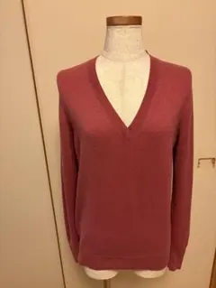 Vネック長袖ニットセーター ピンク（やや濃いめのピンク）カシミヤ100%