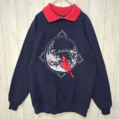 Hanes　襟付き　ビンテージスウェット　ネイビー　ラグラン　アニマル　刺繍